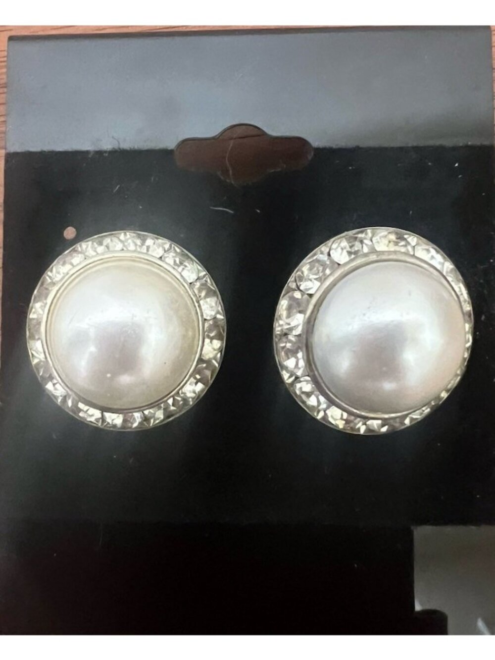 Earrings Pierced Silver Tone Round White Cabochon Surrounded Rhinestones In Box